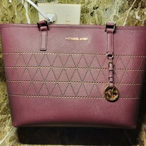 Michael Kors Plum Saffiano Perforated Triangle Shoulder Tote with Gold Hardware